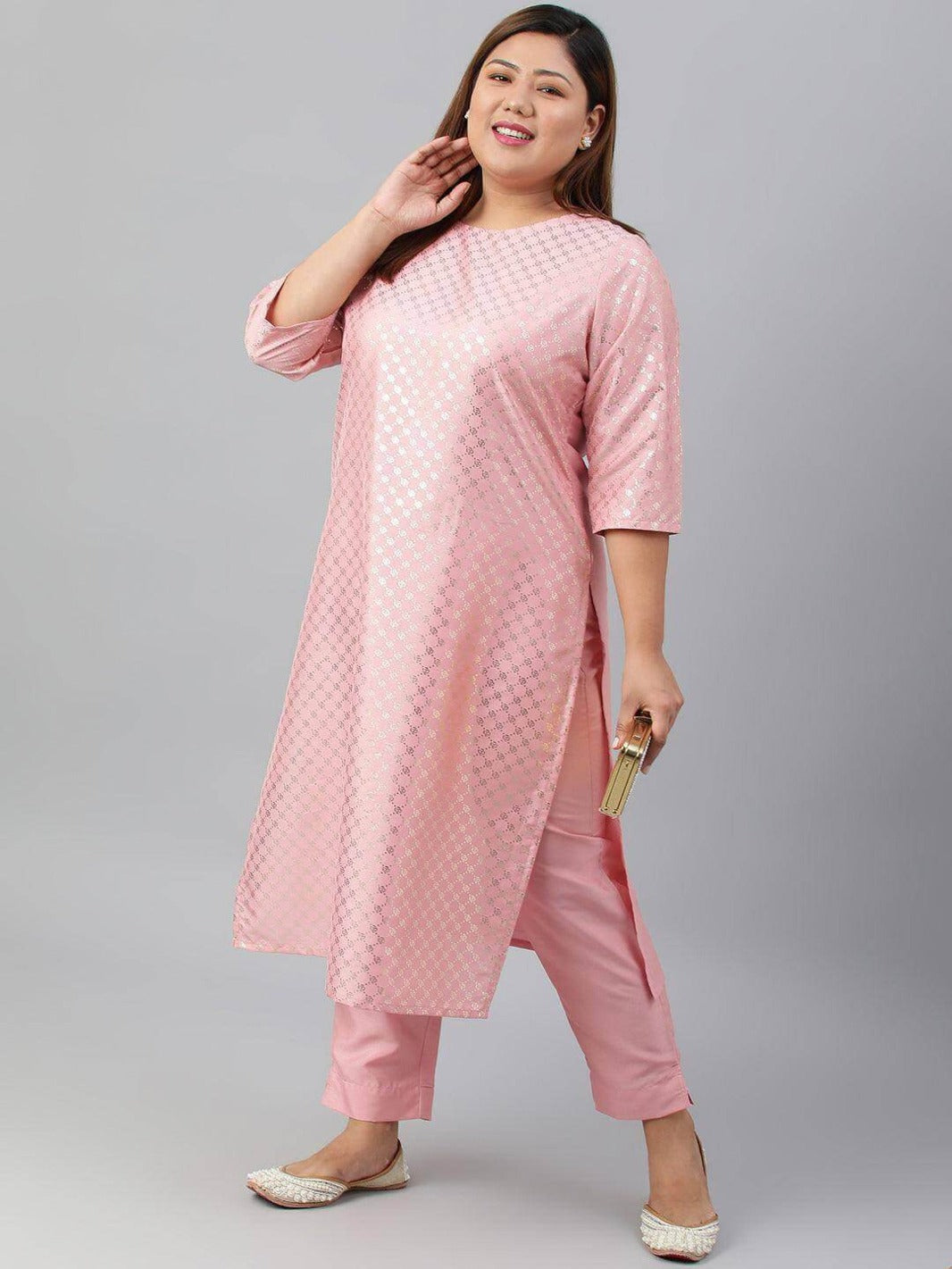 Plus Size Pink Poly Silk Kurta With Pant