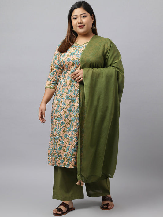 Women's Plus Size Peach Cotton Kurta With Palazzo and Dupatta