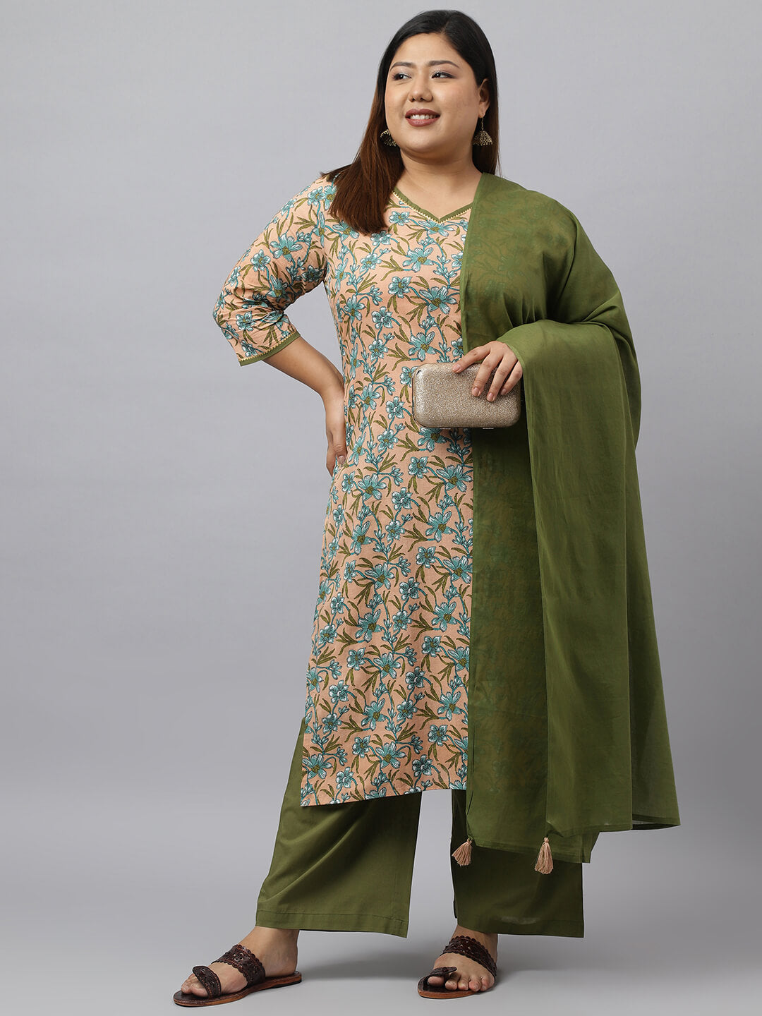 Women's Plus Size Peach Cotton Kurta With Palazzo and Dupatta