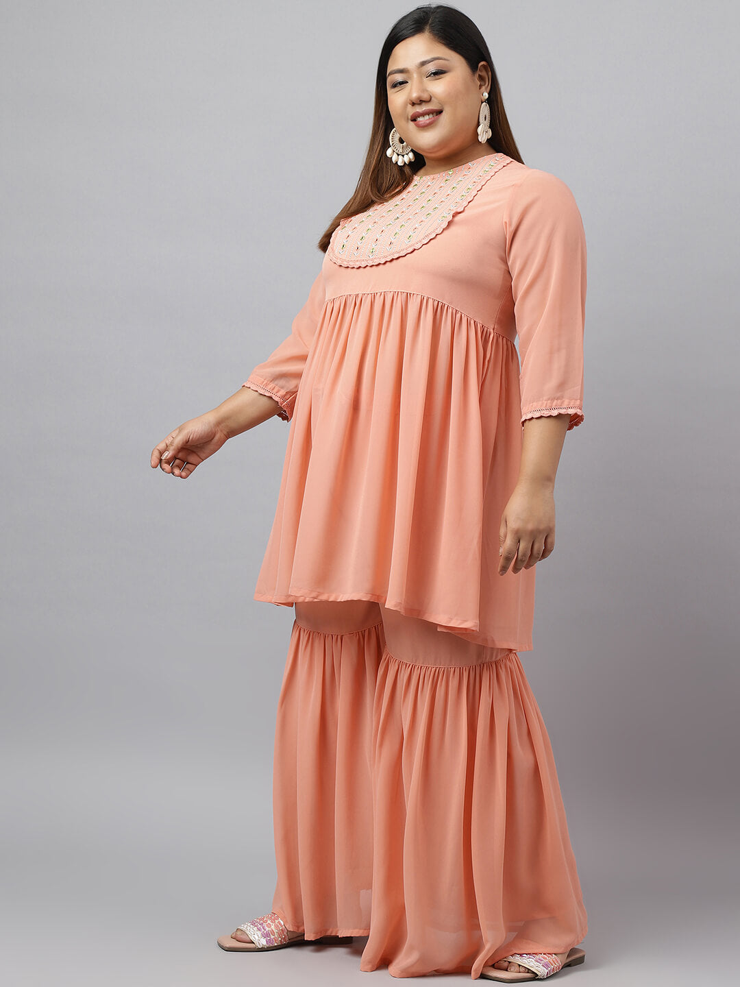 Women's Peach Georgette Thread Work Kurta with Sharara