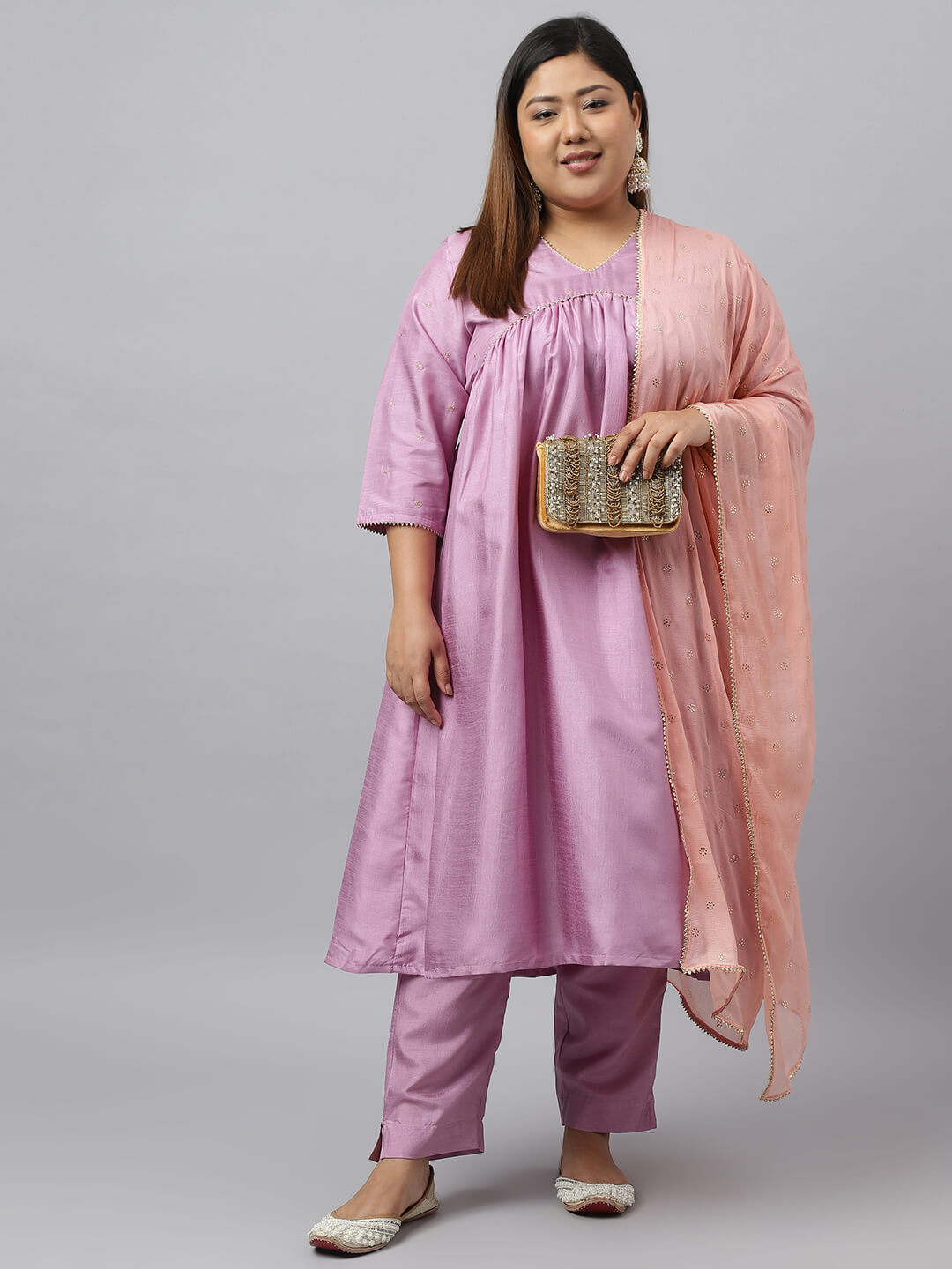 Women's Plus Size Mauve Poly Silk Kurta With Pant and Dupatta