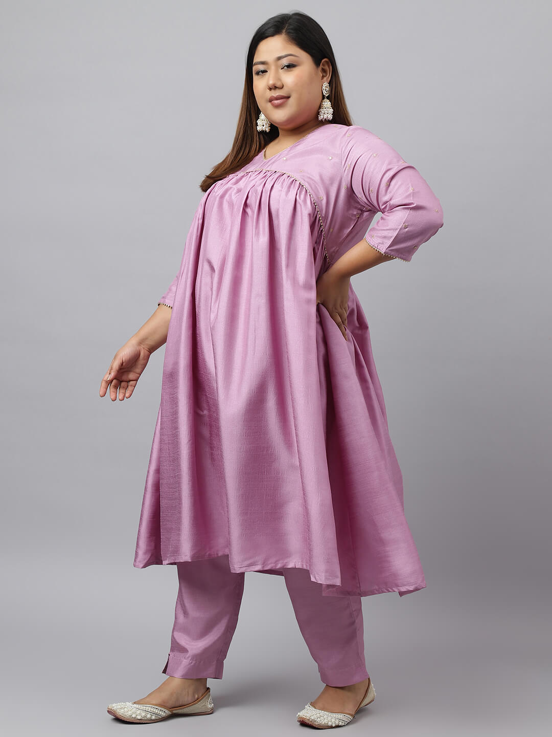 Women's Plus Size Mauve Poly Silk Kurta With Pant and Dupatta