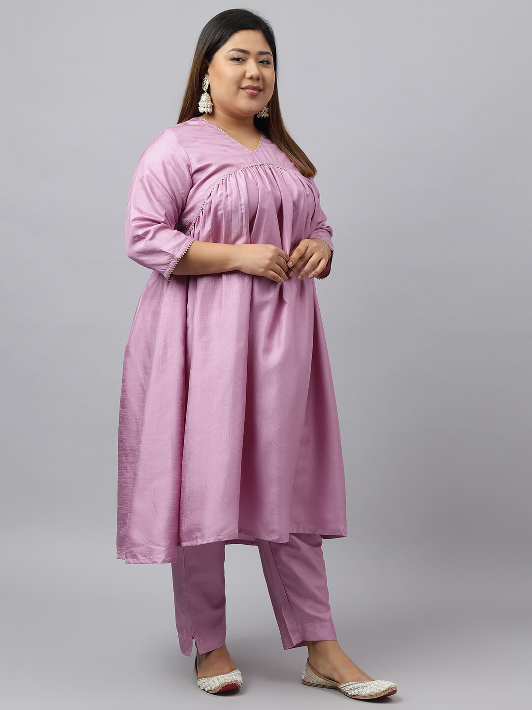 Women's Plus Size Mauve Poly Silk Kurta With Pant and Dupatta