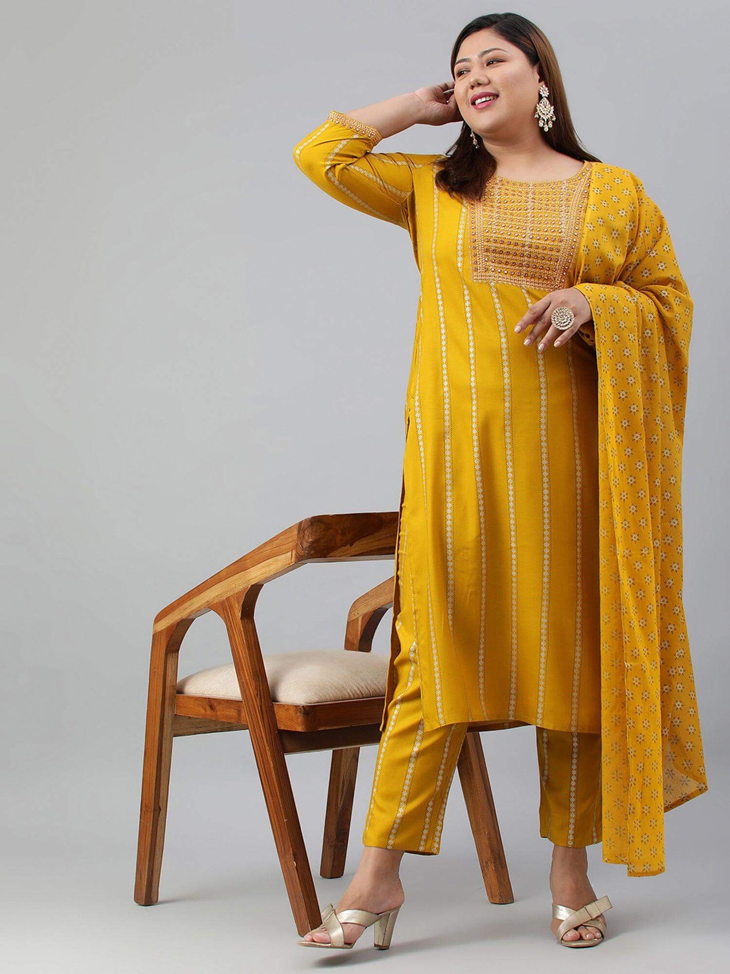 Plus Size Mustard Rayon Kurta With Pant and Dupatta