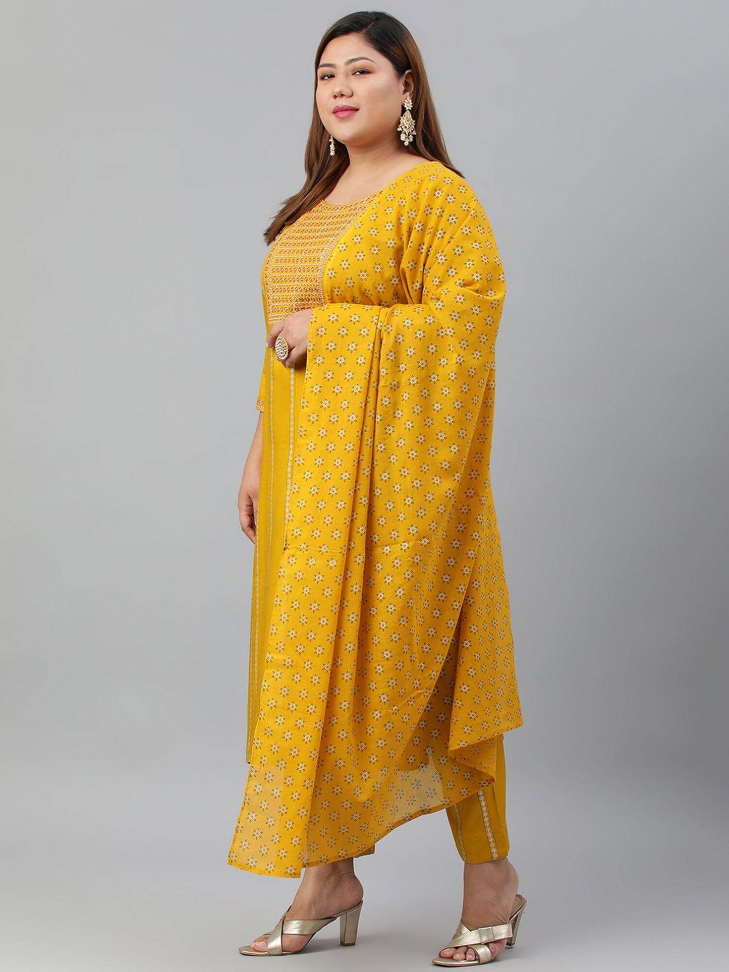 Plus Size Mustard Rayon Kurta With Pant and Dupatta