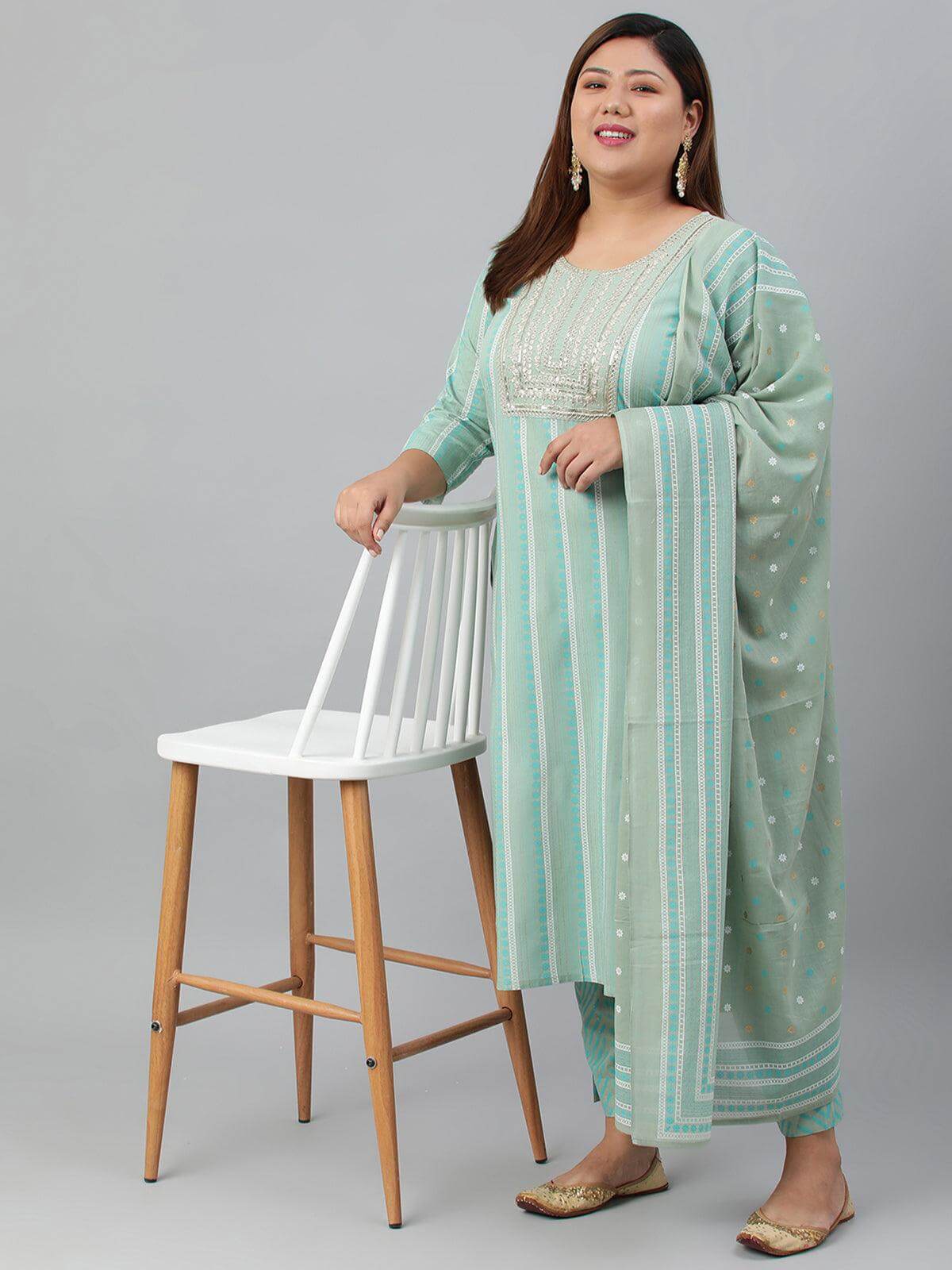 Plus Size Mint Green Rayon Kurta With Pant and Dupatta