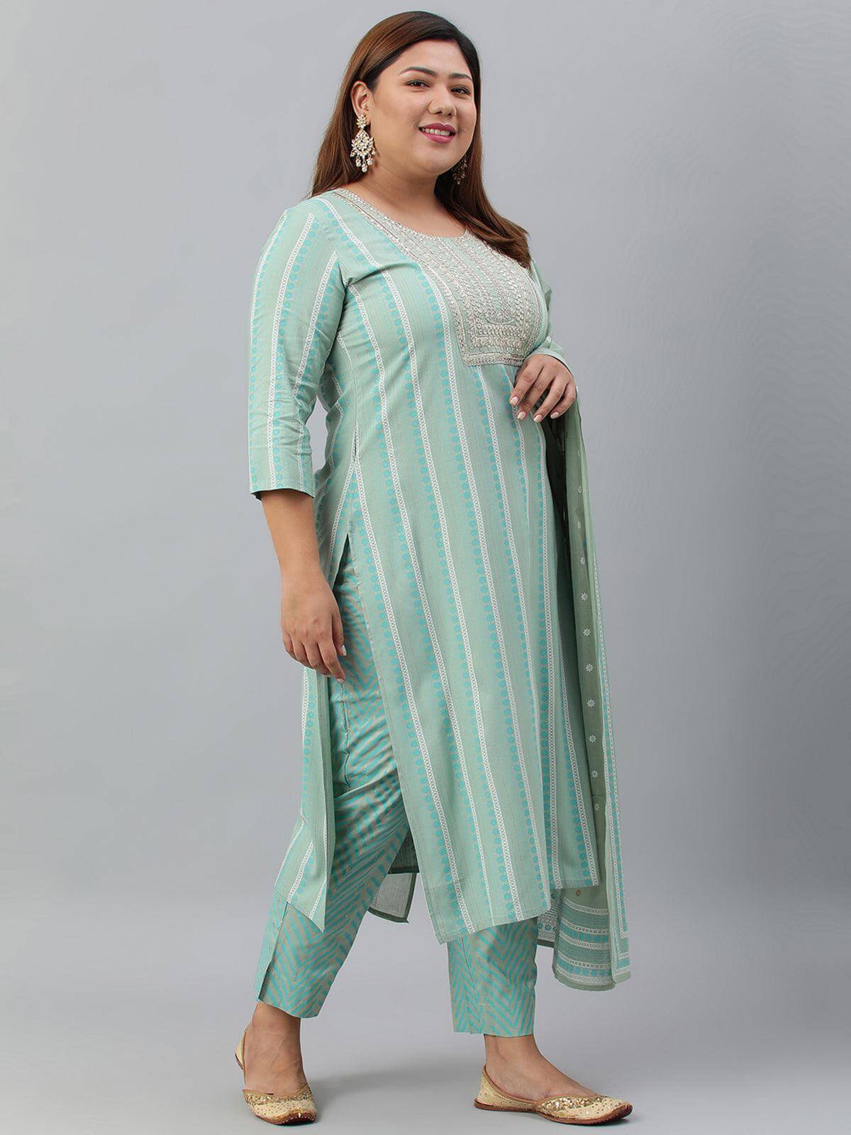 Plus Size Mint Green Rayon Kurta With Pant and Dupatta