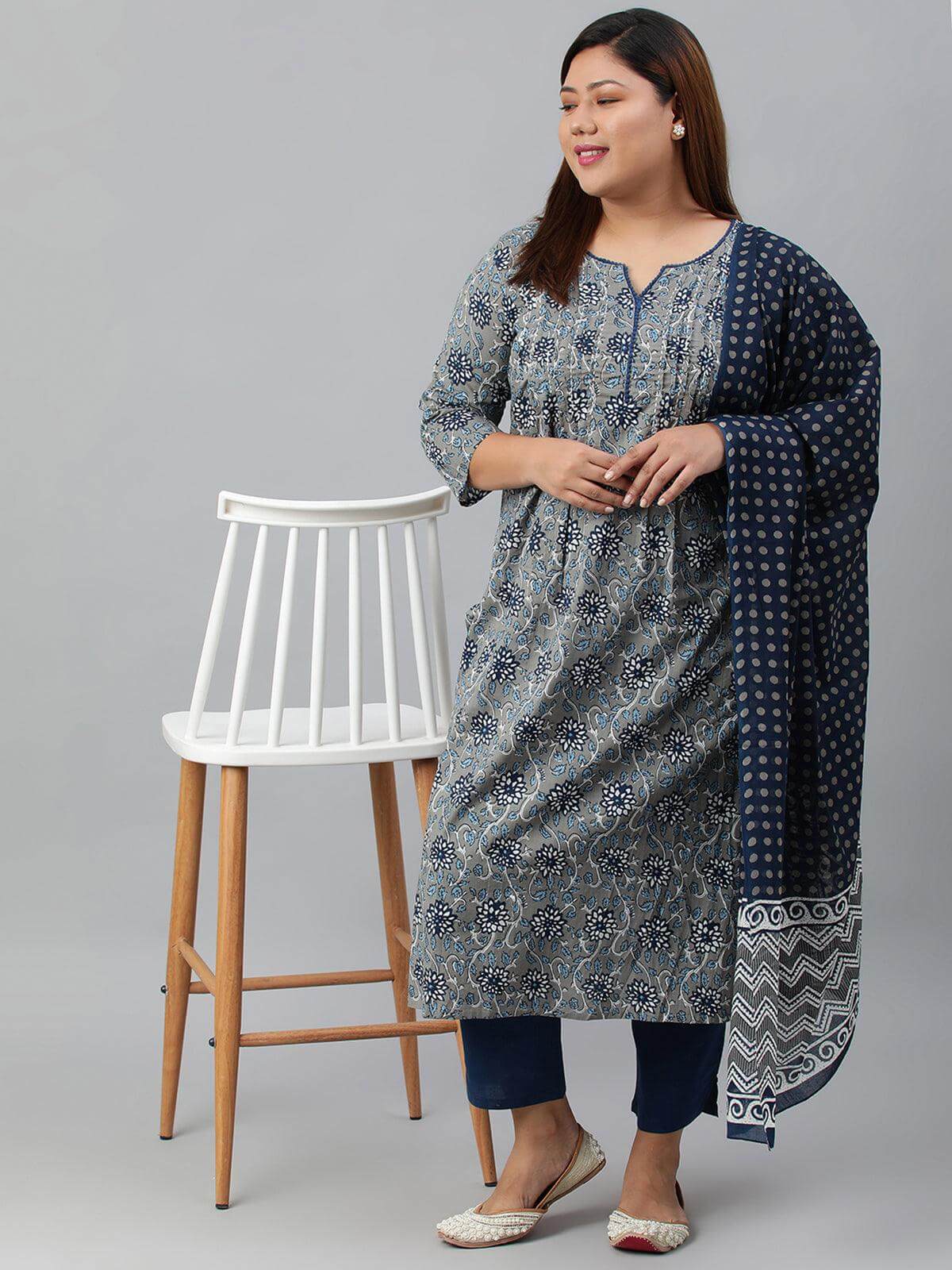 Plus Size Grey Cotton Kurta With Pant and Dupatta