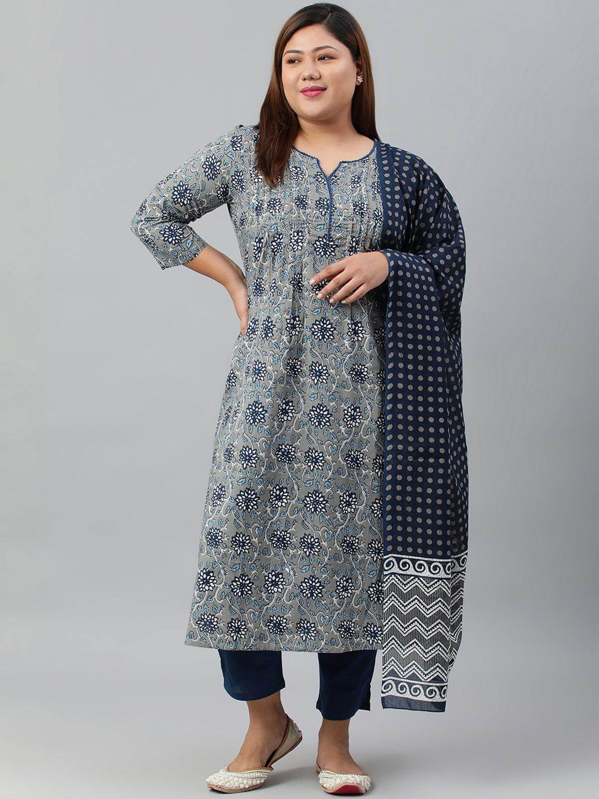 Plus Size Grey Cotton Kurta With Pant and Dupatta