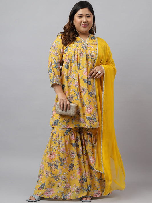 Women Plus Size Yellow Georgette Kurta Sharara Set