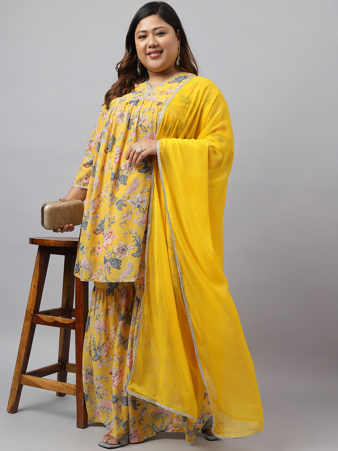Women Plus Size Yellow Georgette Kurta Sharara Set