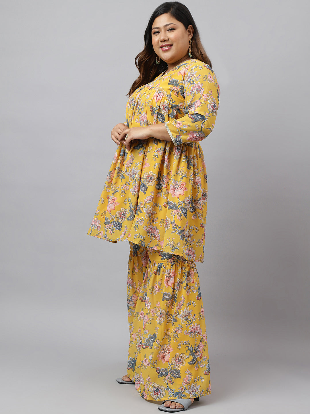 Women Plus Size Yellow Georgette Kurta Sharara Set