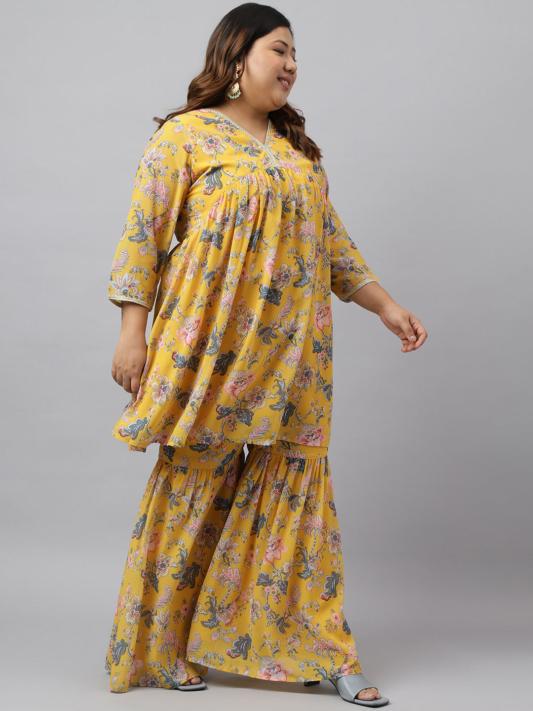 Women Plus Size Yellow Georgette Kurta Sharara Set