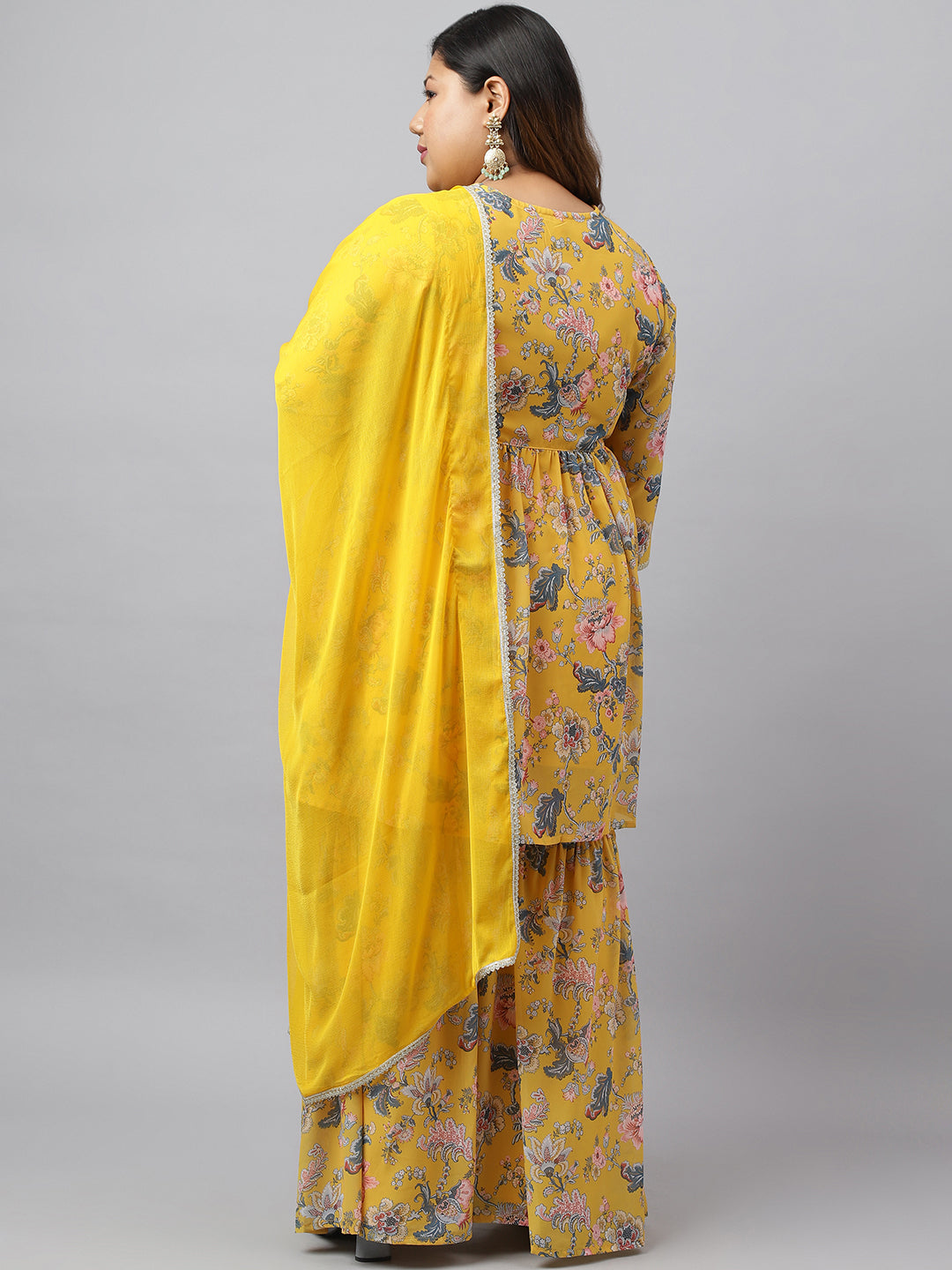 Women Plus Size Yellow Georgette Kurta Sharara Set