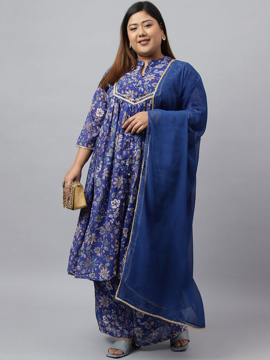 Women Plus Size Blue Kurta Palazzo Set Online