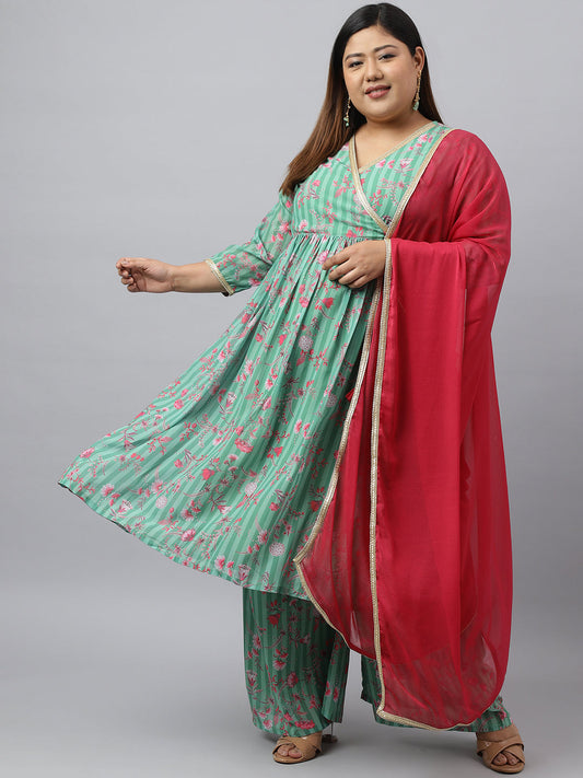 Women Plus Size Green Kurta Palazzo Set With Dupatta