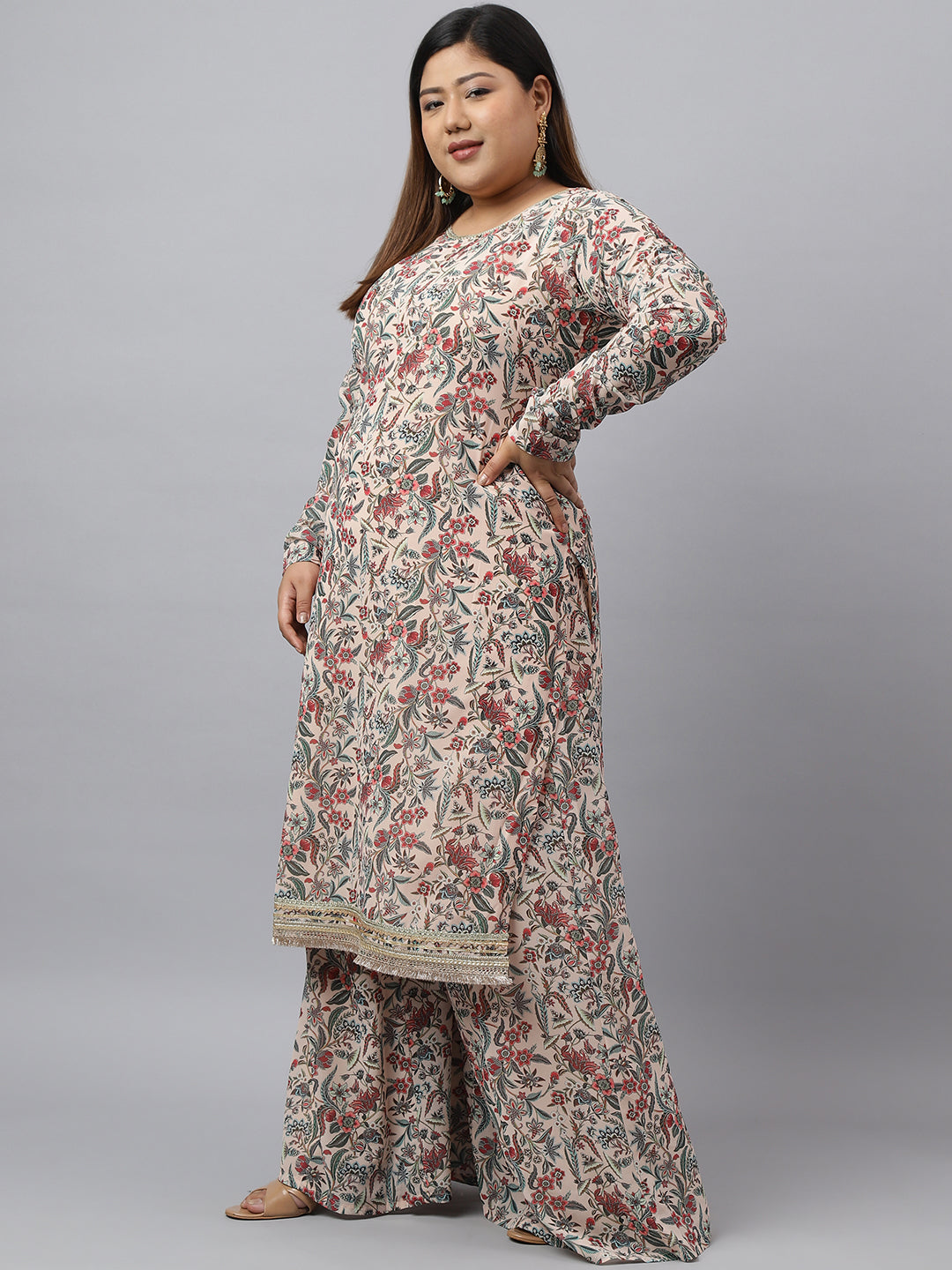 Pleasant Beige Palazzo Set For Plus Size Women