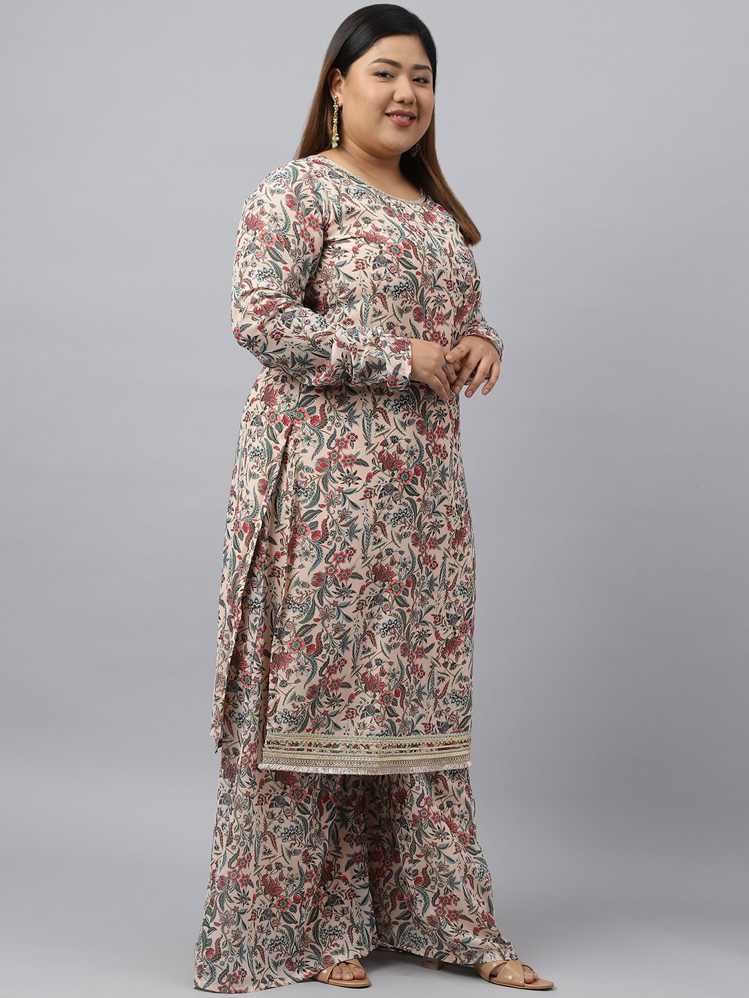 Pleasant Beige Palazzo Set For Plus Size Women