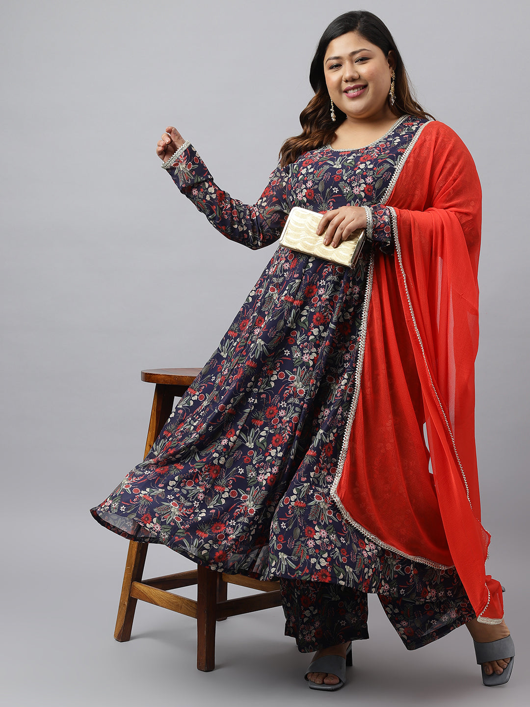 Plus Size Blue Printed Kurta Palazzo Set for Women
