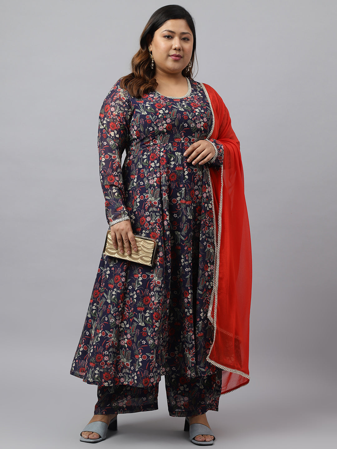 Plus Size Blue Printed Kurta Palazzo Set for Women