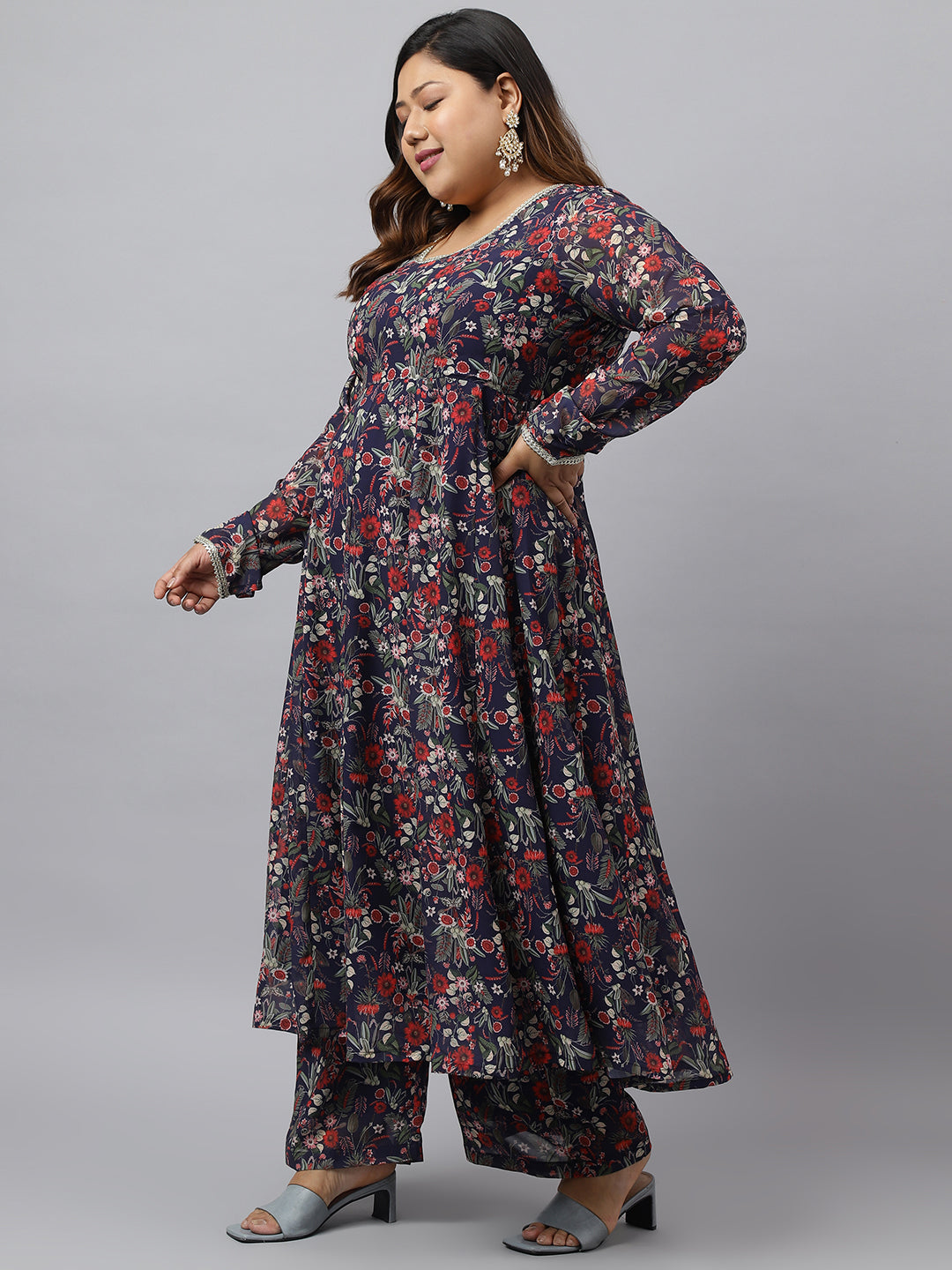 Plus Size Blue Printed Kurta Palazzo Set for Women