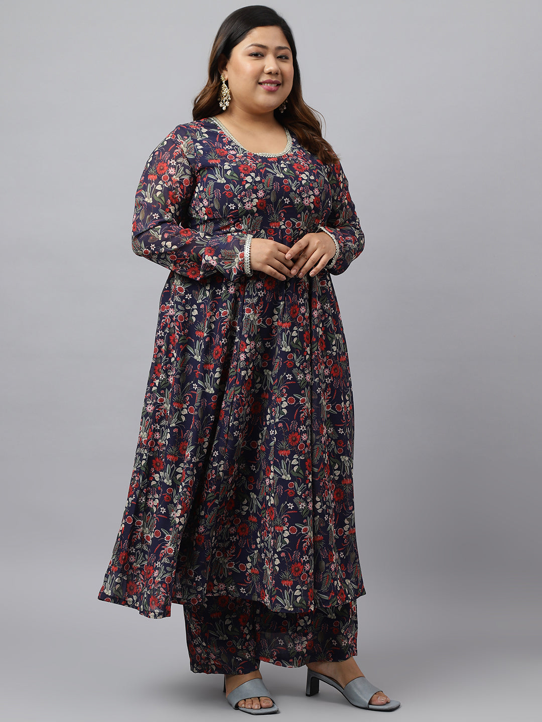 Plus Size Blue Printed Kurta Palazzo Set for Women
