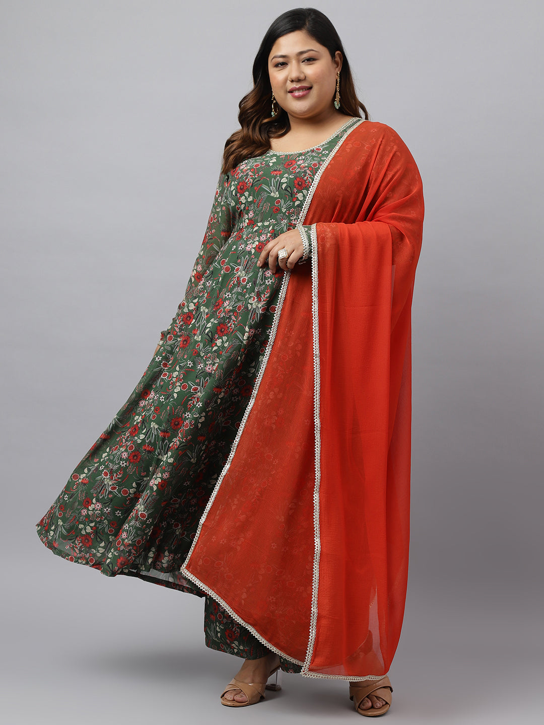 Women Plus Size Green Kurta Palazzo Set