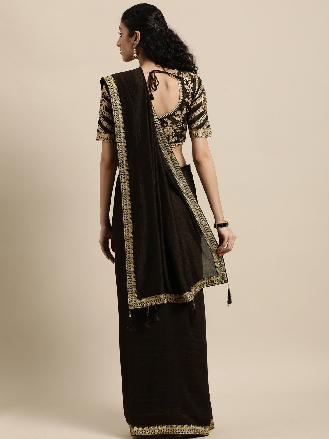 Janasya Women's Brown Poly Silk Solid  Saree with Blouse Piece