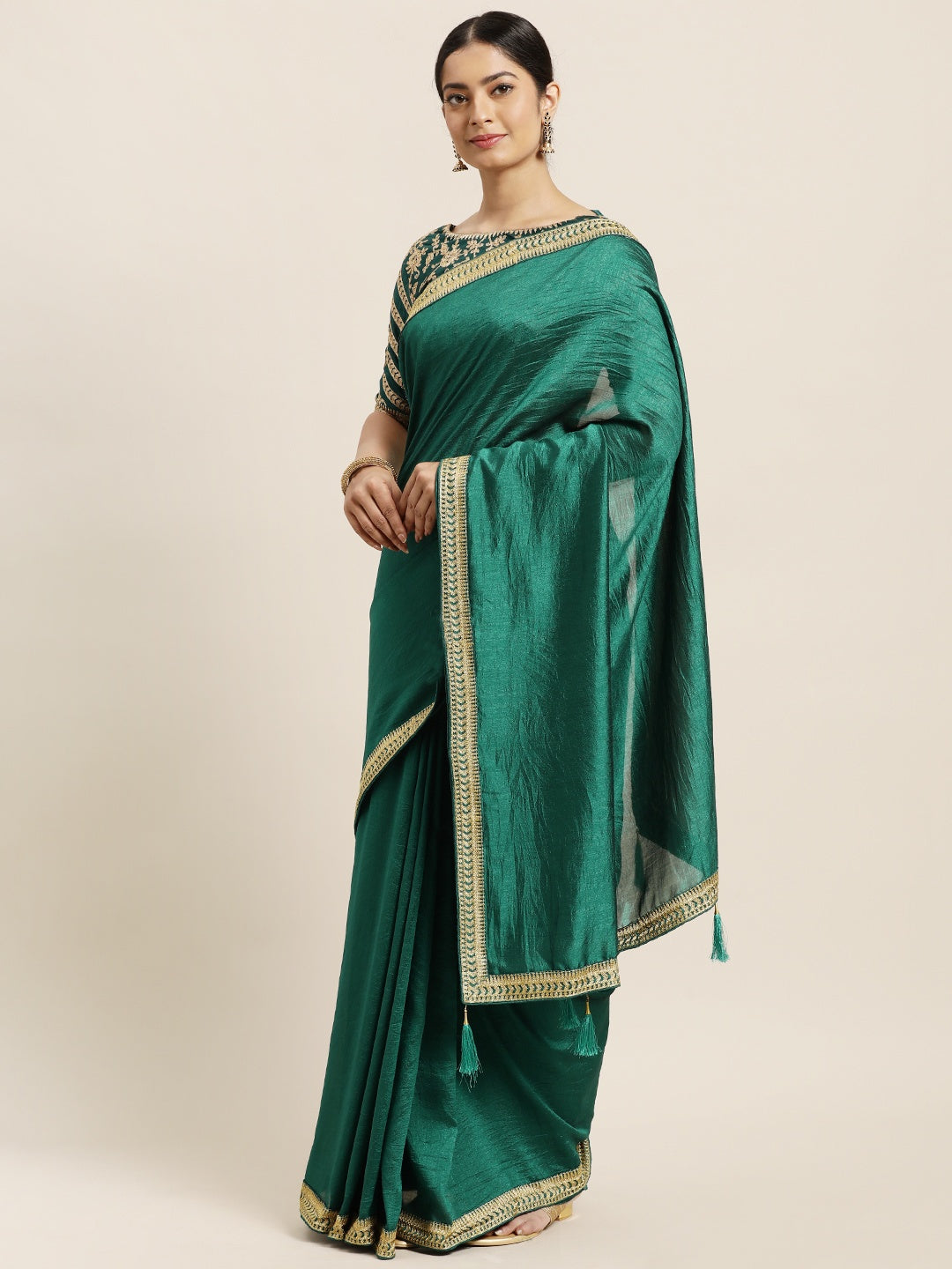 Janasya Women's Green Poly Silk Solid  Saree with Blouse Piece