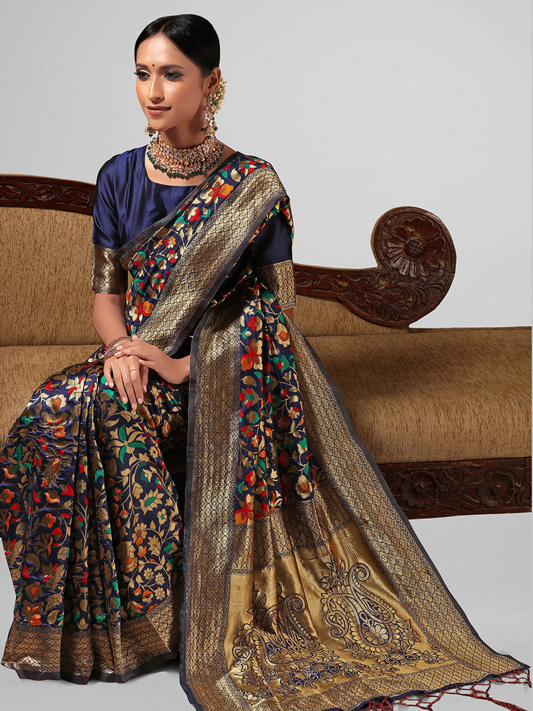 Janasya Women's Blue Silk Blend Woven Design  Saree with Blouse Piece