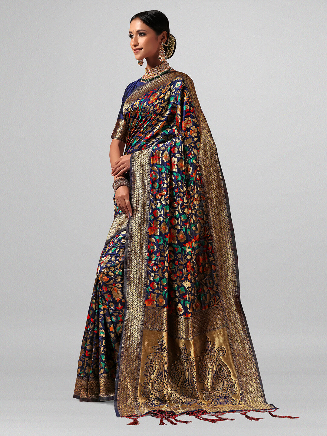 Janasya Women's Blue Silk Blend Woven Design  Saree with Blouse Piece
