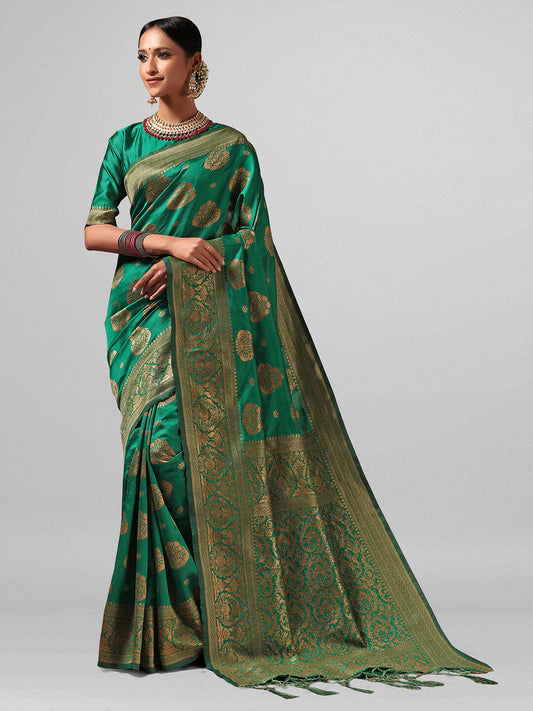 Janasya Women's Green Silk Blend Woven Design  Saree with Blouse Piece