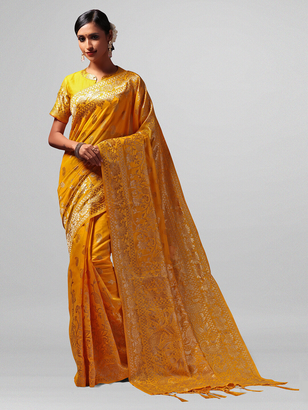 Janasya Women's Yellow Linen Blend Woven Design  Saree with Blouse Piece