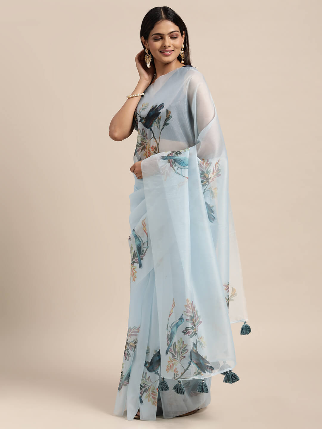 Janasya Women's Blue Organza Printed  Saree with Blouse Piece