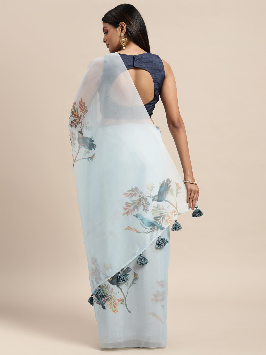 Janasya Women's Blue Organza Printed  Saree with Blouse Piece