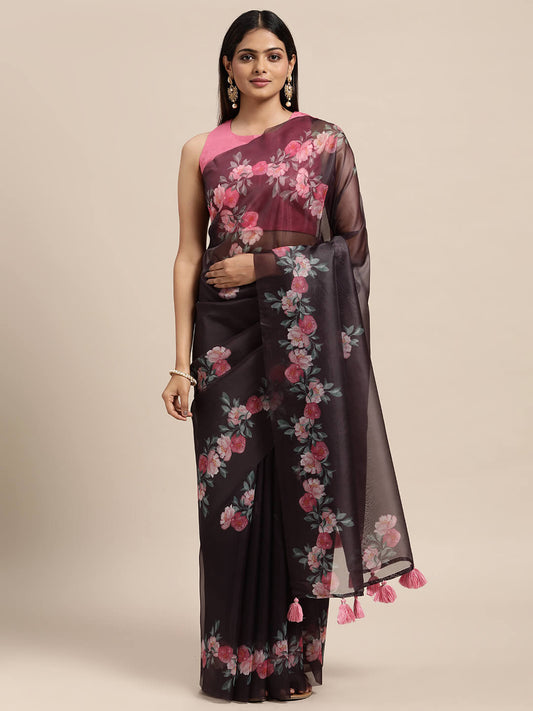 Janasya Women's Purple Organza Printed  Saree with Blouse Piece