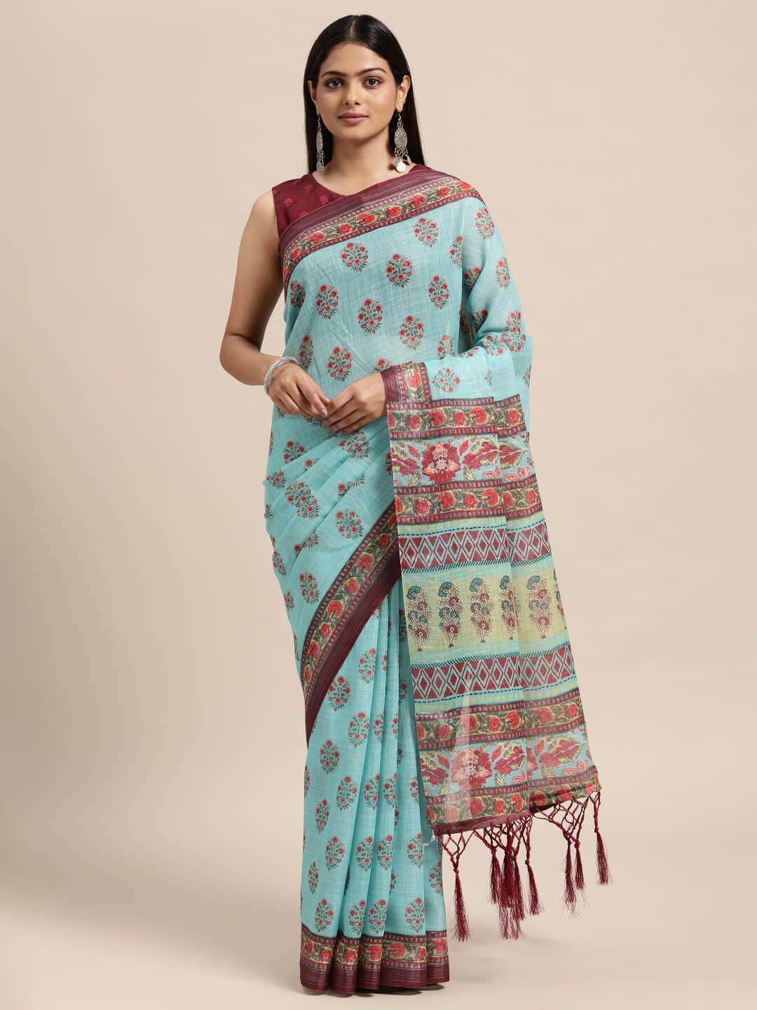 Janasya Women's Turquoise Blue Linen Blend Printed  Saree with Blouse Piece