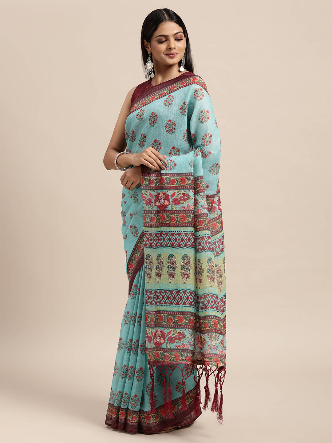 Janasya Women's Turquoise Blue Linen Blend Printed  Saree with Blouse Piece