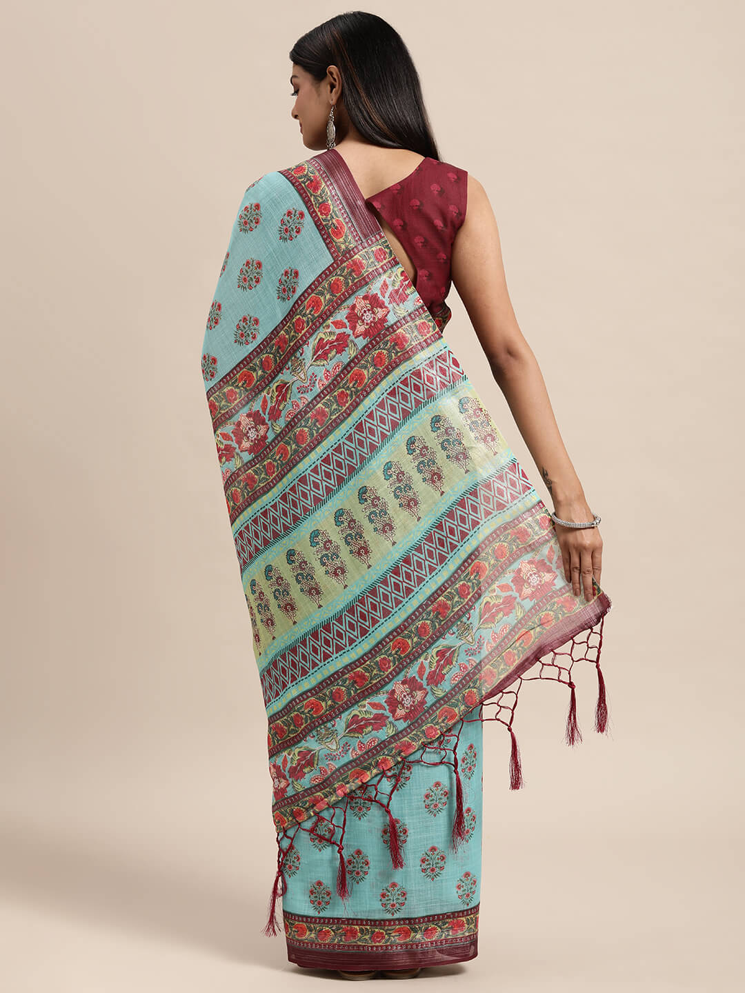 Janasya Women's Turquoise Blue Linen Blend Printed  Saree with Blouse Piece