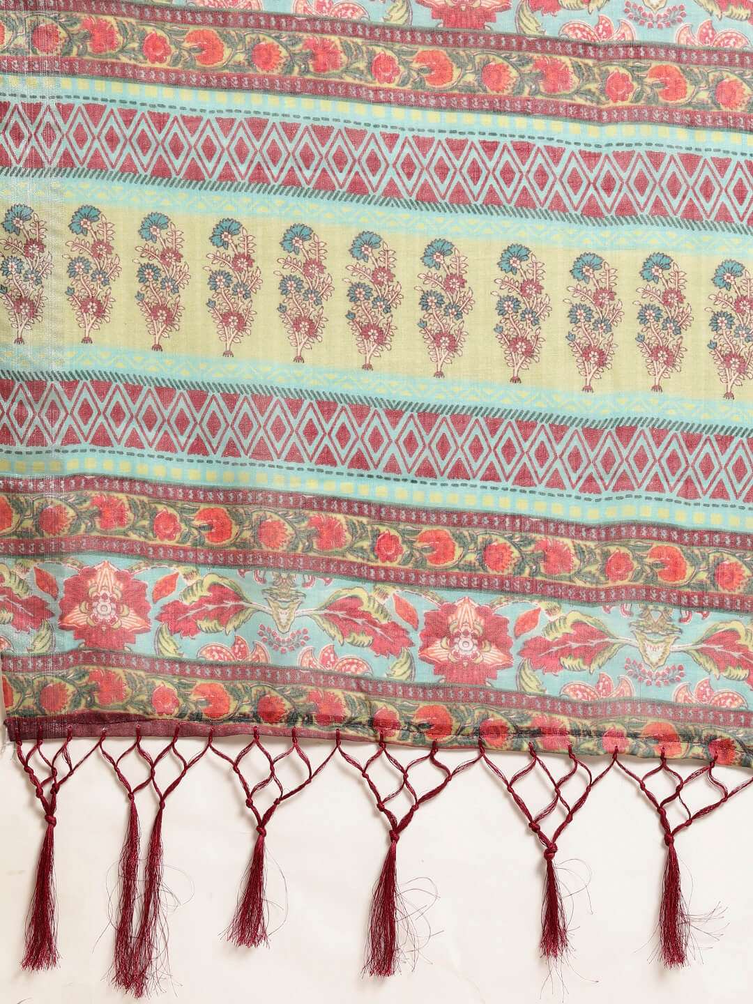Janasya Women's Turquoise Blue Linen Blend Printed  Saree with Blouse Piece