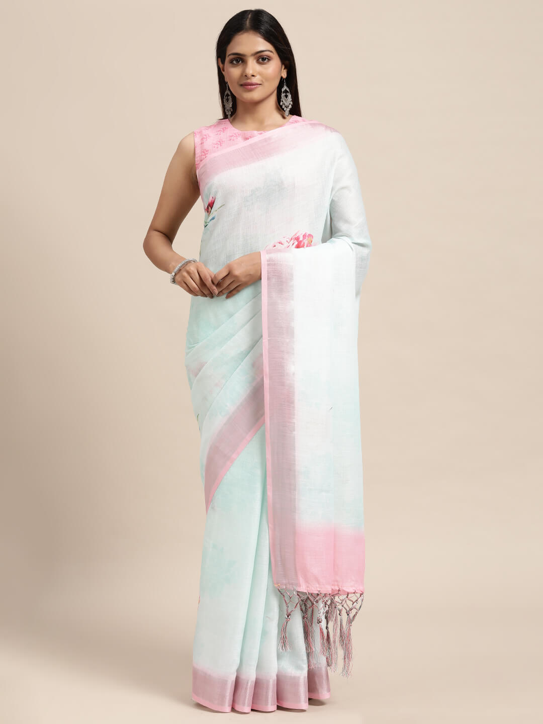 Janasya Women's Sea Green Linen Blend Printed  Saree with Blouse Piece