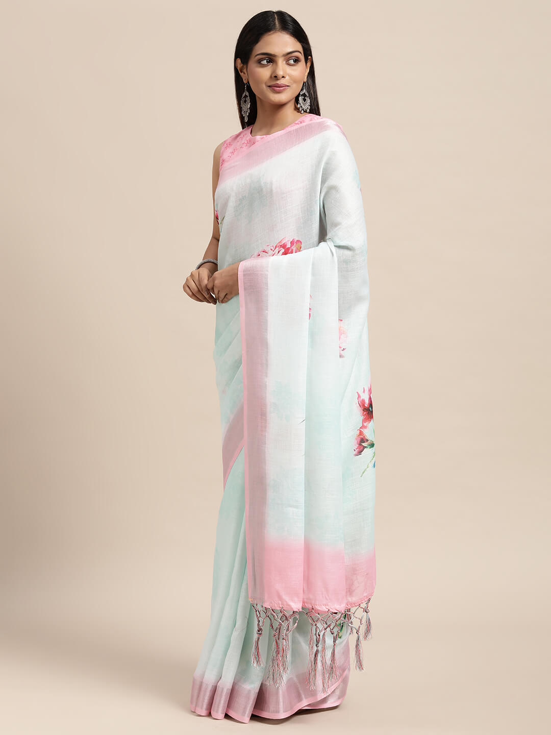 Janasya Women's Sea Green Linen Blend Printed  Saree with Blouse Piece