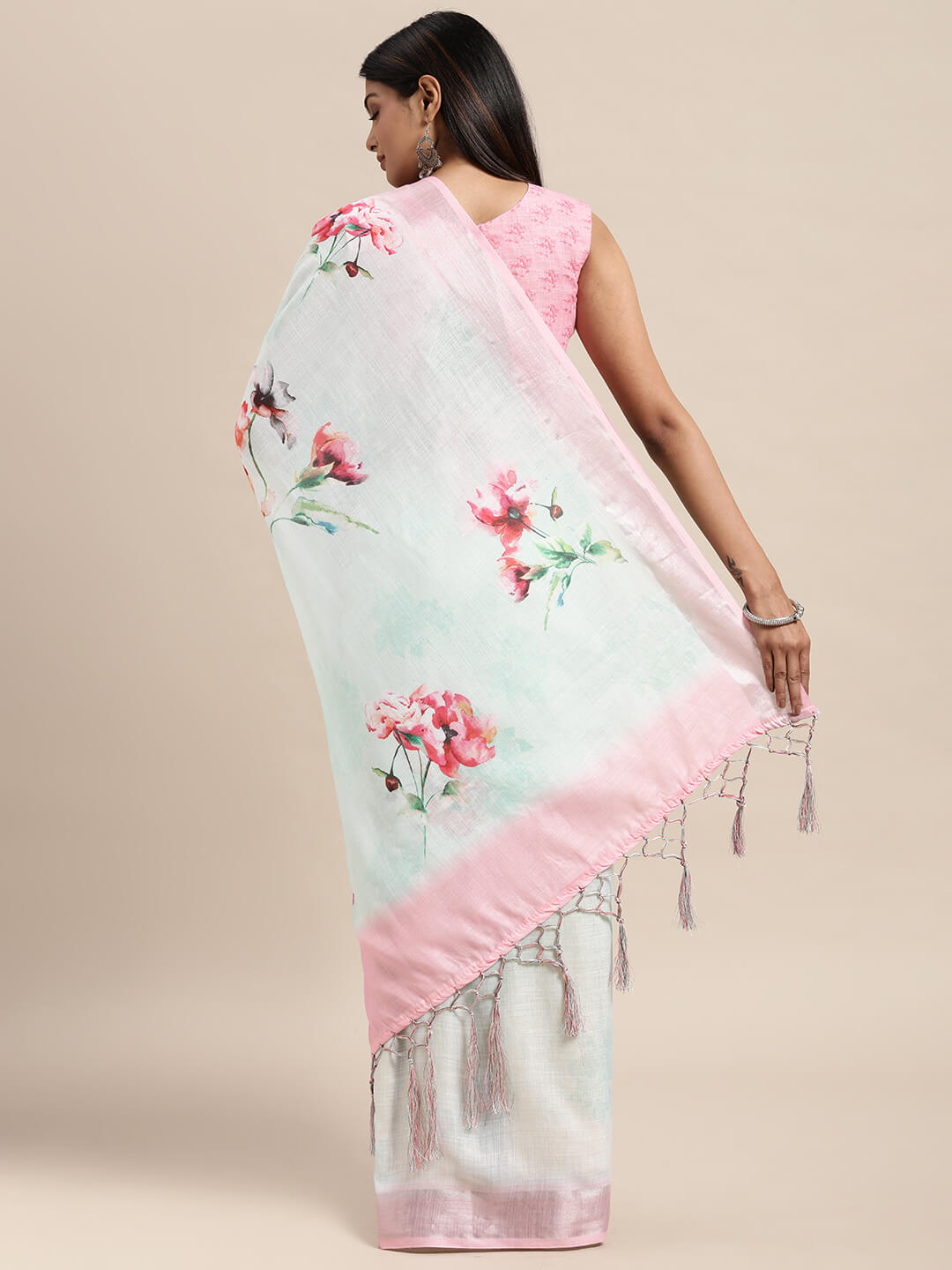 Janasya Women's Sea Green Linen Blend Printed  Saree with Blouse Piece