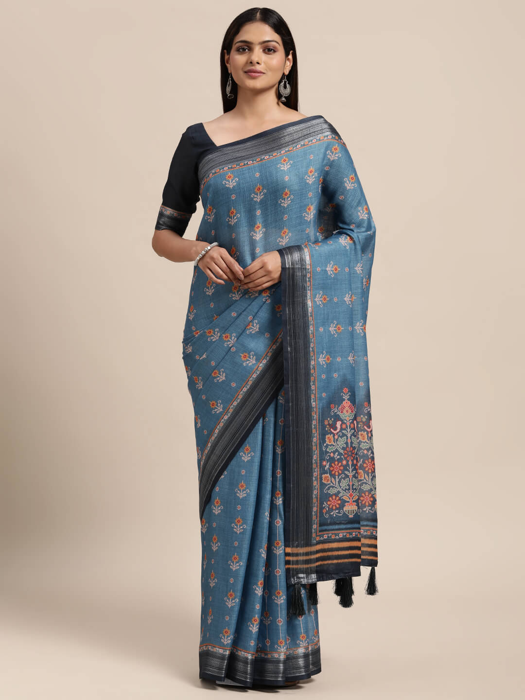 Janasya Women's Blue Linen Blend Printed  Saree with Blouse Piece