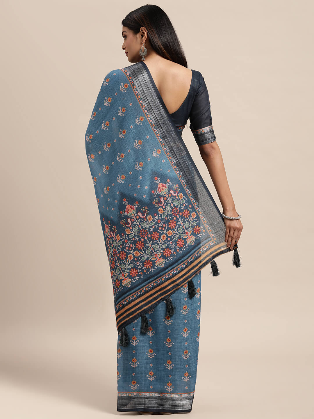 Janasya Women's Blue Linen Blend Printed  Saree with Blouse Piece