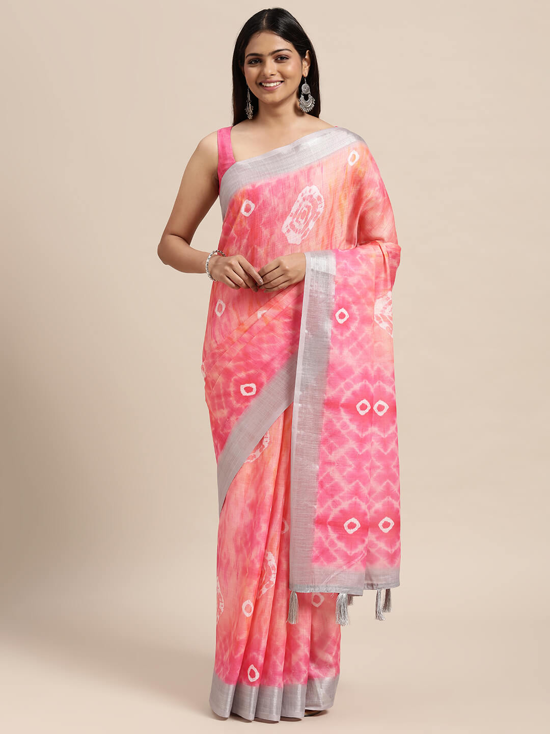 Janasya Women's Peach Linen Blend Printed  Saree with Blouse Piece