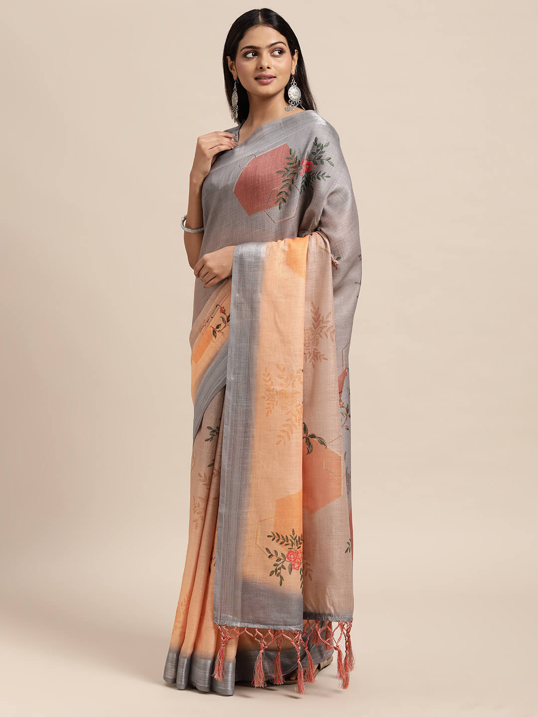 Janasya Women's Orange Linen Blend Printed  Saree with Blouse Piece