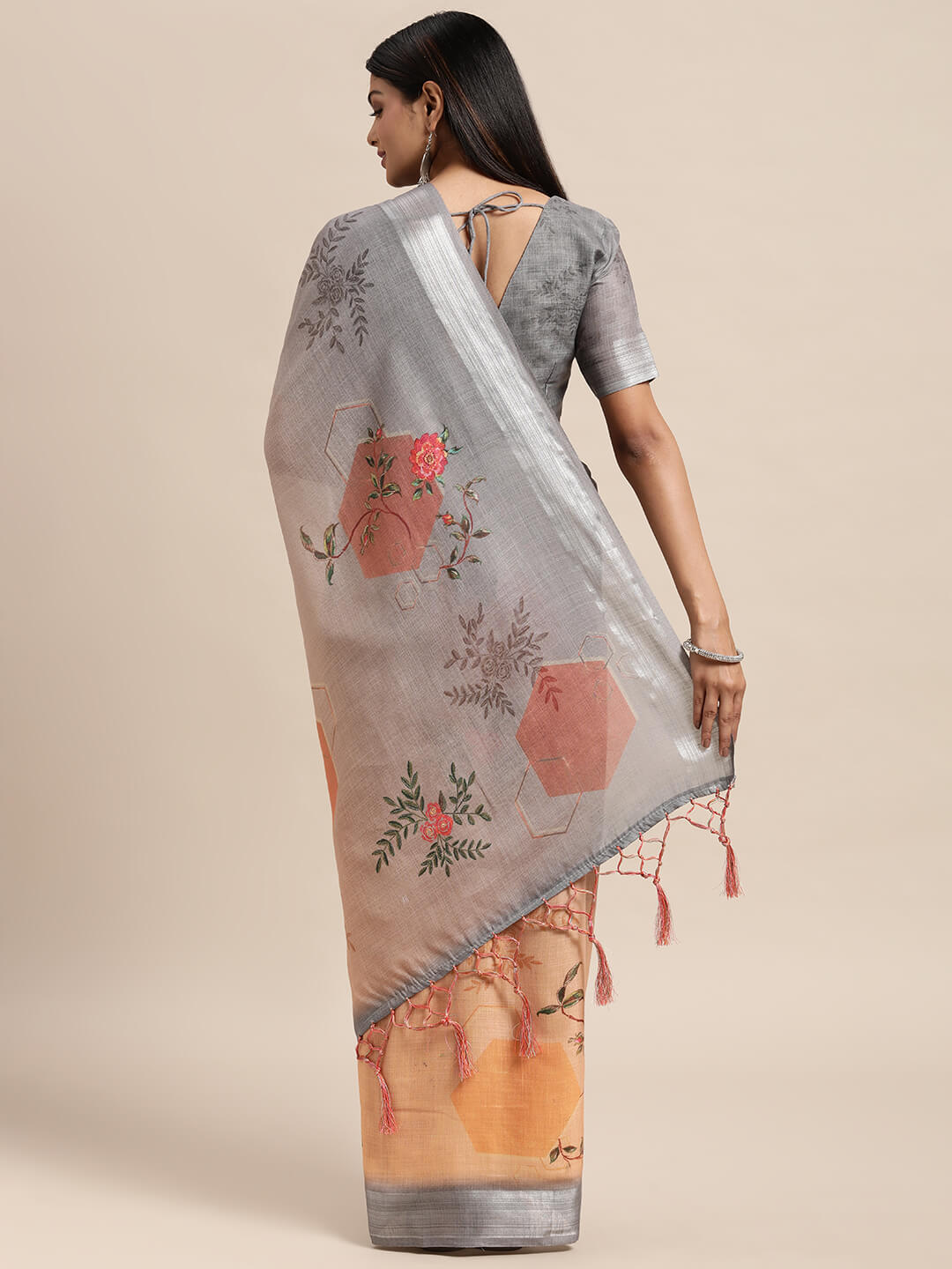 Janasya Women's Orange Linen Blend Printed  Saree with Blouse Piece