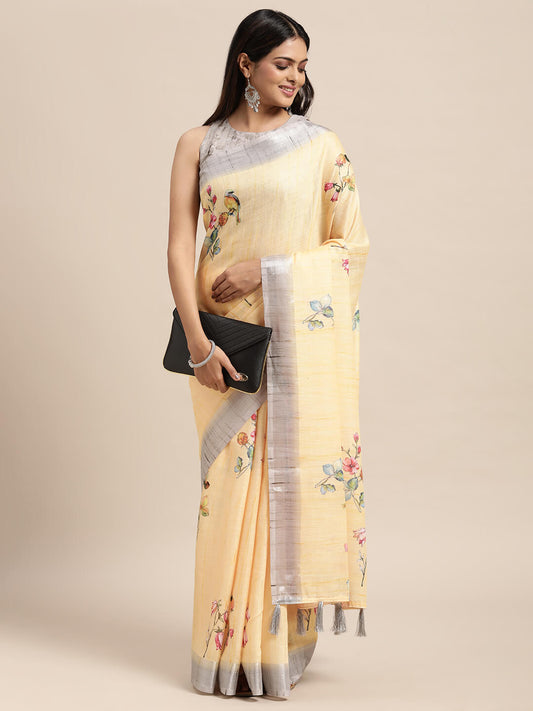 Janasya Women's Yellow Linen Blend Printed  Saree with Blouse Piece