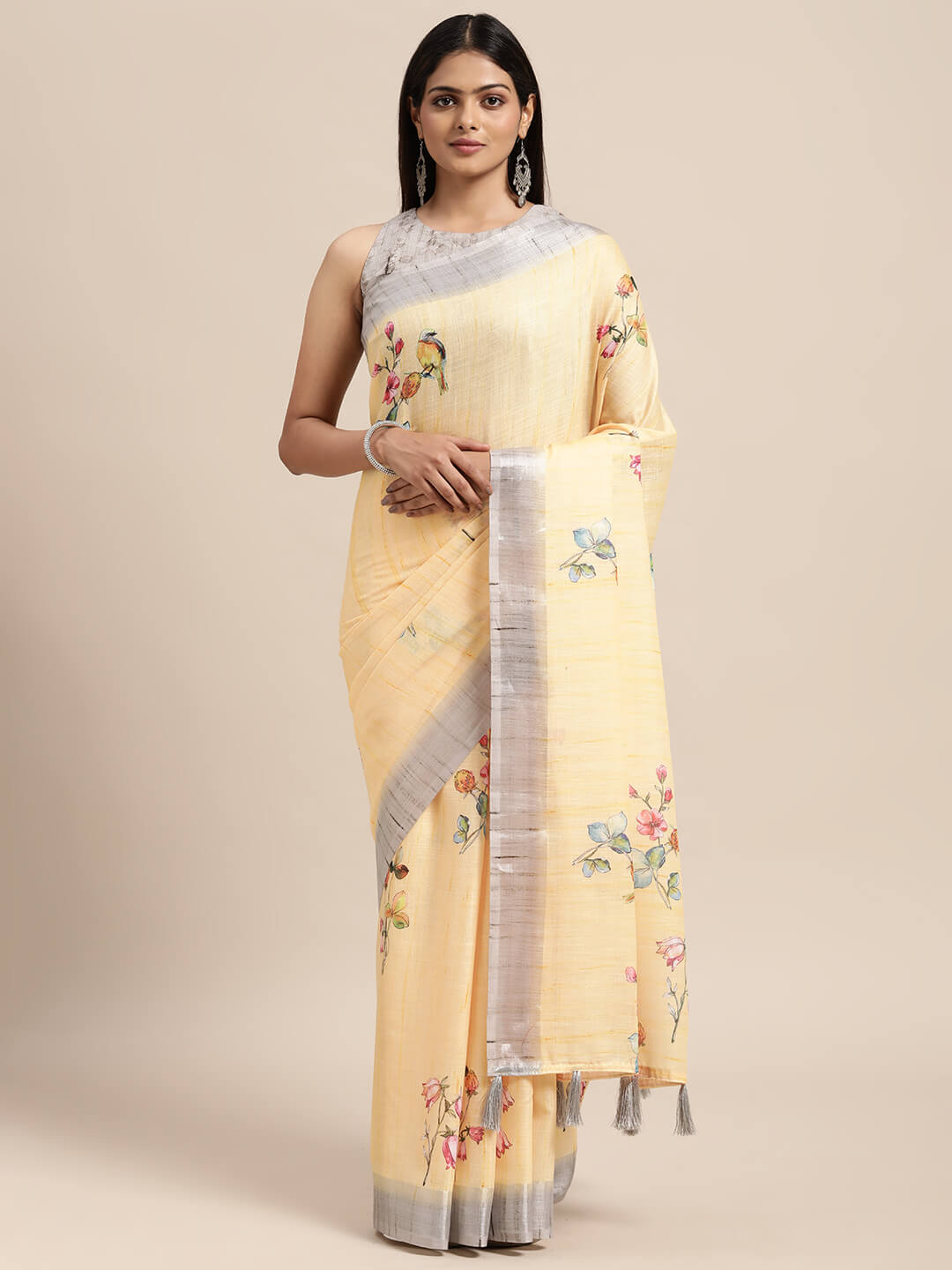 Janasya Women's Yellow Linen Blend Printed  Saree with Blouse Piece